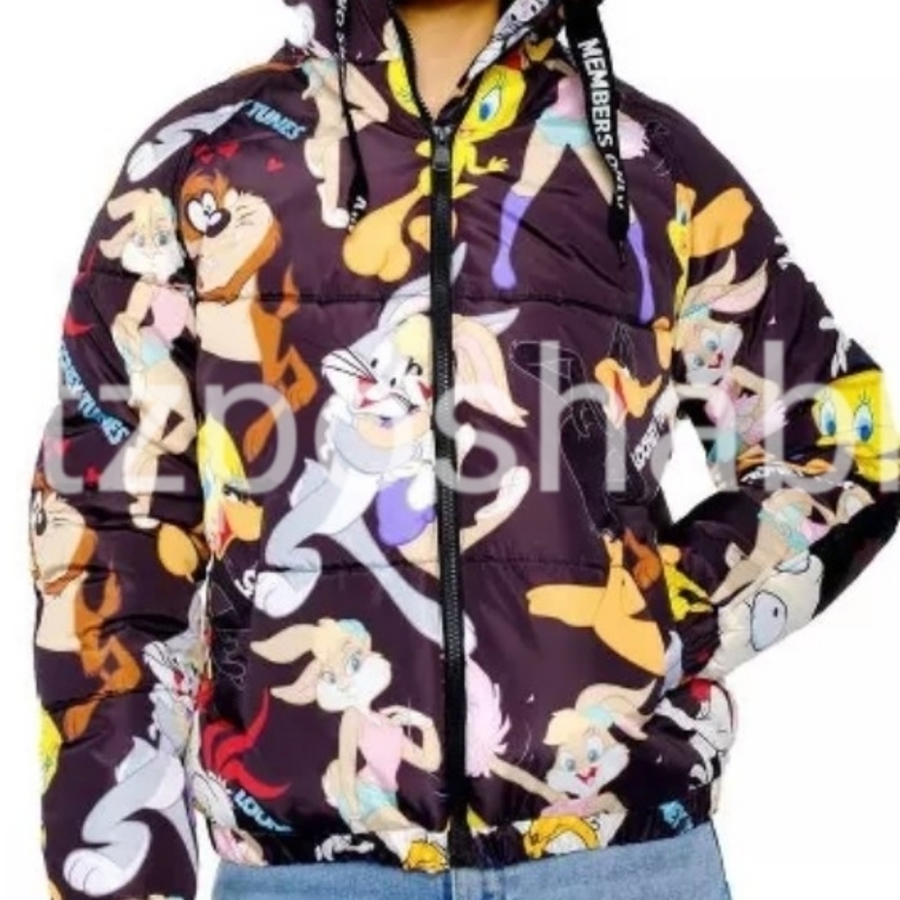 Women's Members Only Puffer Jacket Black Looney Tunes XL